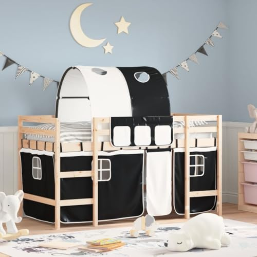 Festnight Hochbett 90x190 cm Kinder Etagenbett Kinderhochbett mit Treppe Tunnel Leiter Vorhang Jugendbett Kinderbett Holz Bett Kinder Bettgestell Jugendzimmer Bettrahmen Holzbett