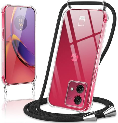 Coiwxmoi Handyband Handyhülle für Motorola Moto G84 5G Hülle mit Band 6,5,Transparent Case mit Kette Abnehmbar zum Umhängen Kordel Schutzhülle,Weich Silikon TPU Stoßfest Cover,Schwarz