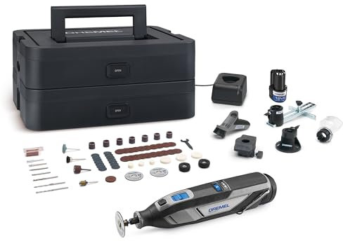 Dremel 8240 Akku-Multitool 12V 2Ah, Multifunktionswerkzeug Set mit 2 Akkus, 5 Auf-und Vorsätze, 1 Dremel BOX, 65 Zubehören zum Schneiden, Gravieren, Schleifen, Polieren, Schärfen, Bohren