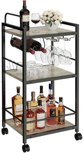 Barwagen für Zuhause, 3-stöckige Küchenwagen mit Rollen, kleiner Rollwagen mit Glashaltern, Weinregal, Mini-Barwagen für Küche, Esszimmer, Wohnzimmer, 33 cm T x 43 cm B x 85,9 cm H, Greige