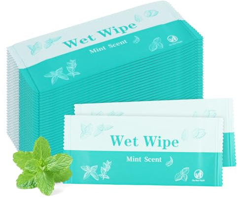 Hipruict Individual Hand Wipes, 50 Pcs Wet Wipes Individually Wrapped, Wet Napkins Travel Size for Wedding, Barbecue, Restaurant, Mint Scent