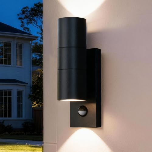 NBHANYUAN Lighting Outdoor Wall Light with Motion Sensor,Up Down,Black | Aluminium, Adjustable PIR Sensor Range & Time, Energy-Efficient, IP44, Mains Powered, for Front Door & Porch, 2xGU10 Excl.