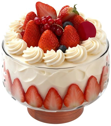Foppla 3.5L Large Glass Trifle Bowl,Elegant Wood Stand Glass Serving Dish,Crystal Dessert Dish,Fruit Mixing Vessel,Cake Display Platter,Versatile Glassware Tureen,Easy to Clean,Party,Kitchen(Brown)