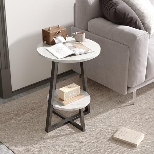 Warmiehomy Side Table Small Round Table 2 Tier Storage 40x40x55cm,White | Small Round Coffee Table as Sofa End Tables Modern Slim Bedside Table for Living Room,Bedroom,Small Spaces,Hallway