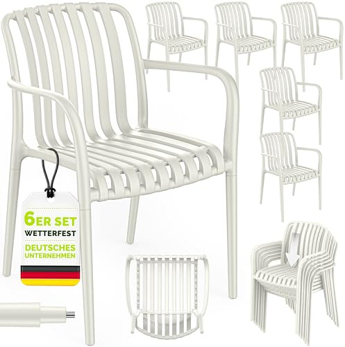 tillvex® Gartenstühle 6er Set Stapelbar Wetterfest mit Armlehne bis 120kg | Outdoor Stühle UV-beständig | Gartenstühle Balkonstuhl Outdoor Kunststoff | Terrassenstuhl Gartenmöbel Balkon Garten Terrasse
