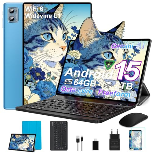SUAAT 2026 Tablet Android 15 Octa Core Tablets 10 Zoll Blau | 64 GB ROM + 2 TB TF | 5G + 2,4G WiFi |GMS| Bluetooth 5.0 |8 MP + 5 MP | Typ C,Touchscreen-Tablet mit Hülle, Tastatur und Maus