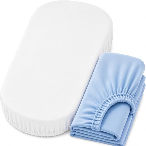 4 x Weiß & Blau Babykorb Bettlaken Korb Spannbettlaken - 75x30 Babykorb Bettwäsche - Hypoallergene Baby-Kinderwagen-Bettlaken Bettwäsche elastisch atmungsaktiv pflegeleicht