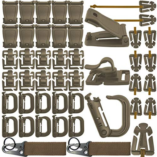 MOAMUN 42 Pz Tactical Gear Clip Molle Webbing Allegati Per Tattico Zaino Vest Molle Chiave Anello D-Ring Bloccaggio Acqua Tubo Clip Web Dominator Fibbia Con Elastico Stringa (Marrone)