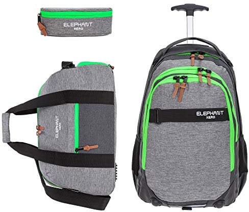 3 Teile Set: Trolley Elephant Hero Signature Schultrolley Trolly Sporttasche Mäppchen (Two Tone Green (grün/grau))