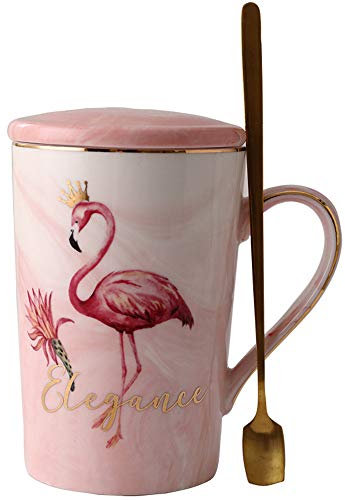 JMAHM Taza de Cerámica Flamingo Taza de té de Café Taza de Porcelana de Cerámica con Cuchara y Tapa (Rosa flamenco, 400ml)