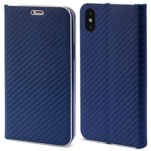 Moozy Wallet Case for iPhone X, iPhone XS, Dark Blue Carbon – Flip Case with Metallic Border Design Magnetic Closure Flip Cover with Card Holder and Kickstand Function