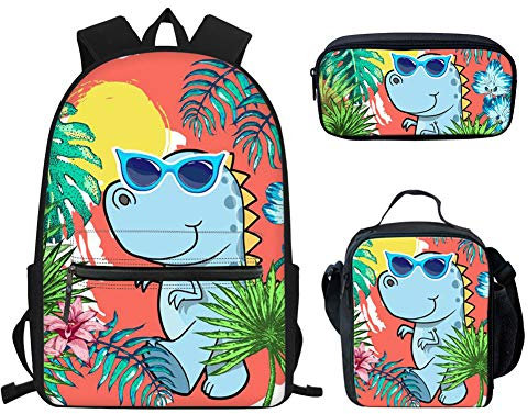 Showudesigns Dinosaur Backpack and Lunch Bag Set for Boys Girls Elementary School Bags Lunch Box Pencil Case Teen Bookbags Set of 3 Cartoon Animal