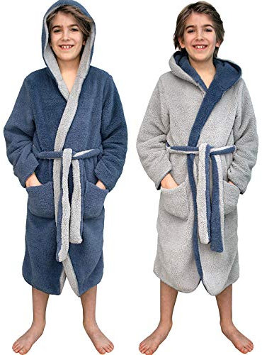 HOMELEVEL Kuschelfleece Bademantel für Kinder - Sherpa Morgenmantel mit Taschen Schalkragen Gürtel - Wende-Kinderbademantel für Jungen und Mädchen