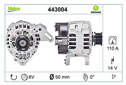 VALEO 443004 Generator Ladestrom des Generators: 110 Amp Rippen: 6 rippen Riemenscheibe Ø: 50 mm Spannung: 14 V Drehrichtung: CLOCKWISE