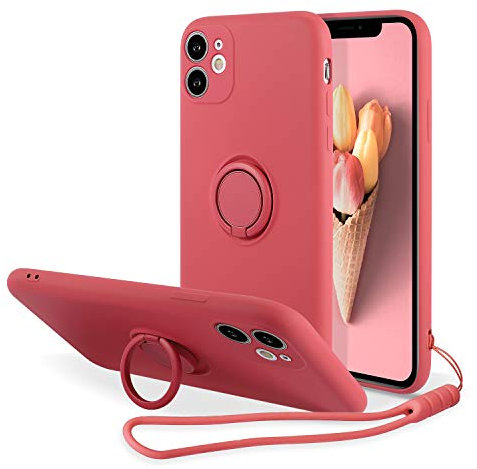 UEEBAI Silicone Coque avec Ring pour iPhone 11 6.1 inch, Etui Fin et léger Absorption des Chocs Housse Mince avec Bague 360 Degrés Rotation Stand Protection Cover Bumper Case, Rose Rouge