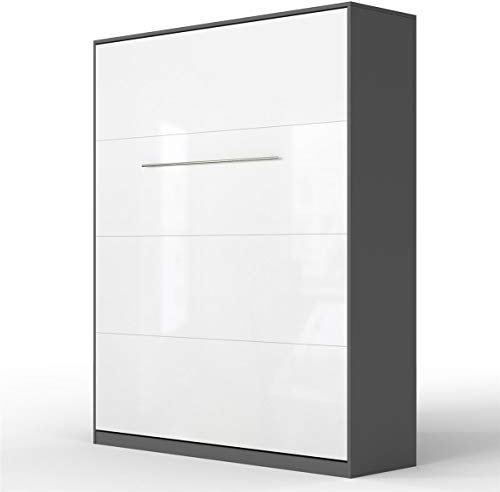 SMARTBett Standard 90x200 120x200 140x200 160x200 | Schrankbett, Wandbett, Wandklappbett fürs Gästezimmer, Büro, Wohnzimmer, Schlafzimmer Anthrazit/Weiss Hochglanzfront 160 Vertikal