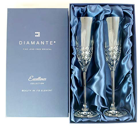 Diamante Crystal Lead Free Champagne Flutes in Silk Lined Presentation Box