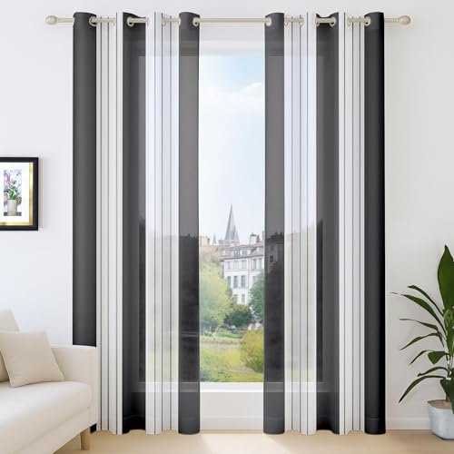 Deconovo Voile Vorhänge mit Ösen, Vorhangschal Transparent Boho Streifenmuster, Fensterschal Schlafzimmer in Leinenoptik, 260x140 cm(HöhexBreite), Schwarz, 2er Set