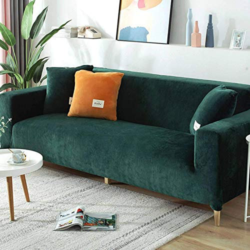 Samt-Sofabezug für 2-, 3-, 4-Sitzer, weicher Plüsch-Sofaschutz, Stretchbezug für Sofa und Armlehnen, wasserabweisend, Möbelschutz, Dunkelgrün, 3-Sitzer, 190-220 cm