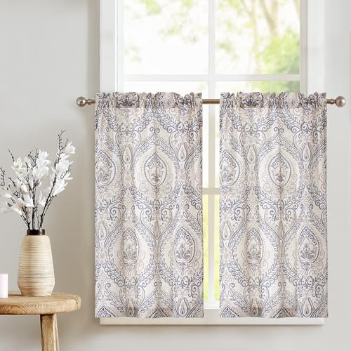 TOPICK Scheibengardine Leinen Vorhang Vintage Bistrogardine Landhaustil Blumen Bedruckt Gardine Geblümt Scheibengardinen Blickdicht für Küche Wohnzimmer Landhaus 2er-Set Blau auf Beige 65B x 60H(cm)