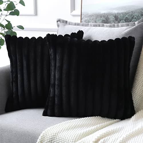 Soleebee 2er Set Plüsch Samt Kissenbezüge, Weiche Künstliche Pelz Dekorativ Kissenbezug Sofa Zierkissenbezüge Dekokissen Kissenhülle Set für Couch Schlafzimmer Zuhause Auto Dekor (45x45cm, Schwarz)