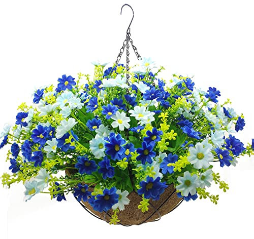 Lamsze Artificial Hanging Flowers Basket for Autumn Winter,Fake Daisy Flowers in 12 inch Coconut Lining Hanging Baskets for The Decoration of Courtyard, Indoors, and Outdoors