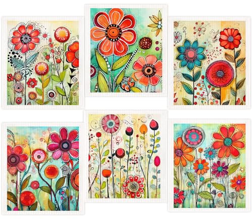Morigins 6 Pieces Spring Flowers Designs Kitchen Dishcloth Mixed Kitchen Fast Dry Cleaning Cloths for Kitchen Absorbent Rag for Kitchen Cute Reusable Kitchen Towels