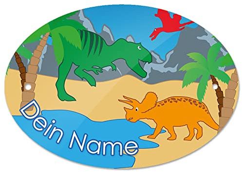 Eurofoto Türschild mit Namen und Motiv mit Dinos | Kinderzimmer-Schild personalisiert