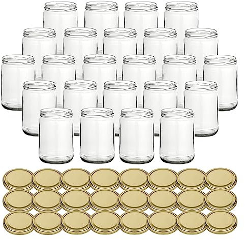 gouveo 24er Set Einmachgläser 580 ml Klassik mit Schraubdeckel goldfarben - Leere Vorratsgläser mit TO82 Deckel für Overnight Oats, Marmelade, Fruchtmus, Eintöpfe, Selbstgemachtes (EGKB580G)