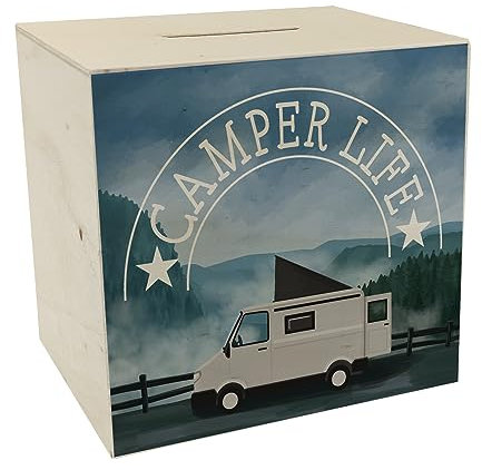 Camper Life mit Campervan Spardose aus Holz Sparbüchse für das Vanlife Leben in Freiheit und in der Natur unterwegs mit dem Campervan sparen Reisen um die Welt