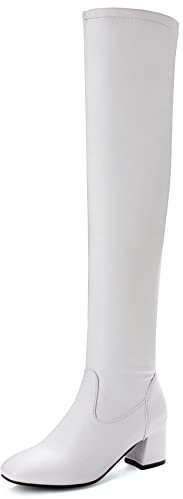 Lroey Reoly Stivali da Donna Sopra Il Ginocchio con Tacco Largo, Stivali da Vestito Eleganti Zip Stivali Alti Tacco Medio Almond Toe Solid 356 Bianco Numero 37 EU