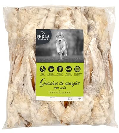 Perla PetFood - Snack per cani - Orecchie di coniglio con pelo - Alimento naturale carne essiccata 100% italiana senza conservanti - Alto contenuto di proteine - Snack BARF 500 gr