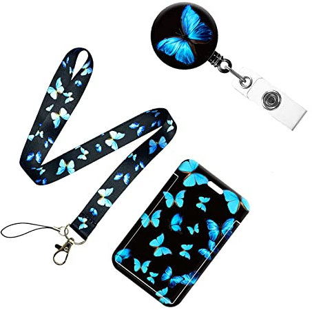 WUDQIJI Ausweishülle Mit Band 1 Stück Ausweishalter Ausziehbar Busfahrkarten hülle Schüler Schlüsselbänder Lanyard Mit Kartenhülle Mit Band für Ausweise Büro Schule(Blauer Schmetterling)