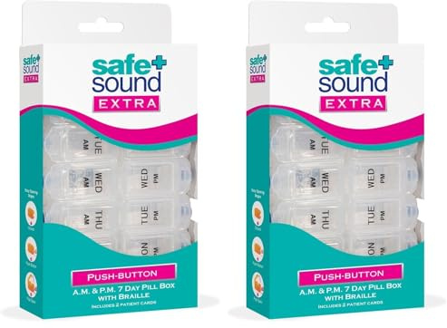 Safe and Sound 7 Day 14 Compartment AM and PM Push-Button Easy-Open Pill Box, Printed and Braille, Includes Two Patient Record Cards (Pack of 2)