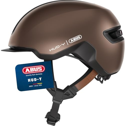 ABUS Urban Helm HUD-Y - mit magnetischem, aufladbarem LED-Rücklicht & Magnetverschluss - cooler Fahrradhelm für den Alltag - für Damen und Herren - Braun, Größe S