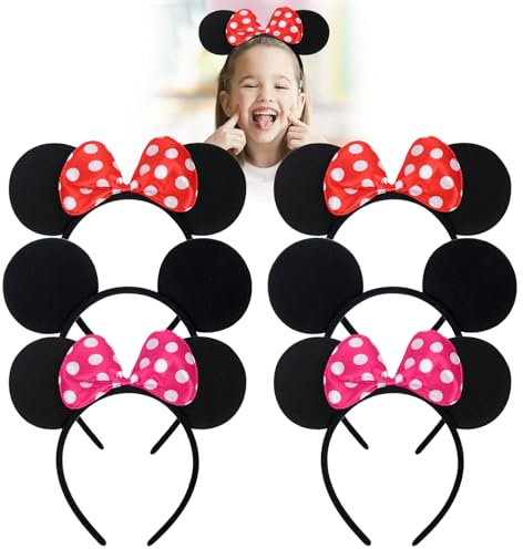 shengo 6Pcs Black Mickey Mouse Ears & Minnie Mouse Ears on Alice Band with Red and White Polkadot Spotted Bow for Adults/Children Fancy Dress Costume Head Band Accessory Party Decoration Gift