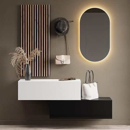Planetmöbel Flur Möbel Garderobe 2X 100cm schwarz/weiß, Wandpaneel 50cm Gold Eiche/Anthrazit mit Spiegel 50cm (ohne LED), Wandgarderobe 32,5H x 100B x 37,8T cm