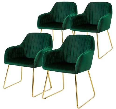 ML-Design Esszimmerstühle 4er Set, Sitzfläche aus Samt, Grün, Wohnzimmerstuhl mit Rücken- und Armlehnen, Küchenstuhl Gold Beine, Polsterstuhl mit Metallgestell, Ergonomische Sessel für Esstisch