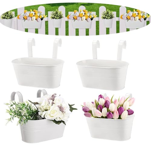 BSTMOME Blumentöpfe zum Aufhängen, Gartentöpfe, Balkon-Pflanzgefäße, Metall-Eimer, Blumenhalter, Wandbehang, Dekor-Topf mit abnehmbaren Haken für Geländer, Zaun, Balkon, 4 Stück (weiß)
