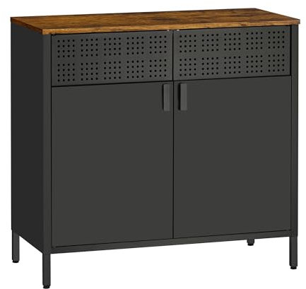 HOMSTEEL Metal Storage Cabinet, Buffet Sideboard Cabinet, Accent Cabinet with Adjustable Shelves, Sideboard Cabinet with Steel Frame, for Living Room, Dining Room, Entryway, Rustic Brown and Black