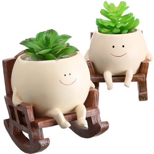 Honeydak 2 Stück Blumentöpfe aus Kunstharz, niedliche Blumentöpfe für drinnen und draußen, lustiger Sitz, Schaukelstuhl, Sukkulententententöpfe mit Ablaufloch für Weihnachten, Geburtstag, Muttertag,