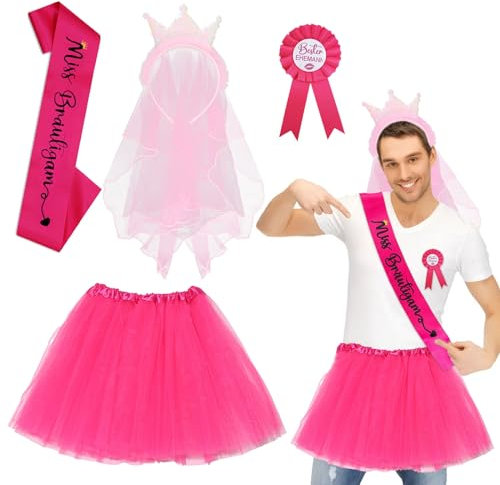 Hommes JGA Costume, Deguisement EVG Homme, JGA Accessoires Déco Hommes, Miss Bräutigam Écharpe, Déguisement Mariée Homme avec Tutu et Voile Couronne Bandeau, Kit Evjf Costume, Costume JGA pour Homme