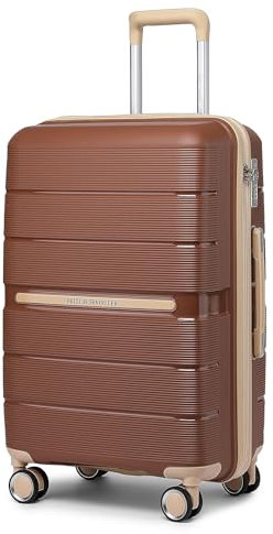 British Traveller Reisekoffer Mittelgroß Koffer Trolleys Mittelgroß Hartschalenkoffer 100% PP Handgepäck Koffer mit 8 Spinnerräder Rollkoffer 66 * 43.3 * 28.5cm Suitcase TSA-Schloss Braun