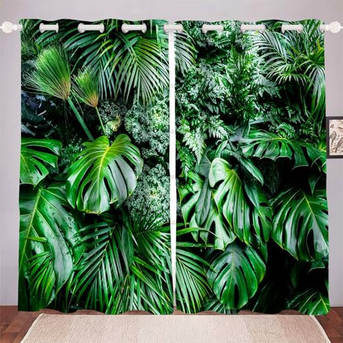 WEQEER Gardinen Blickdichter - Grüne Palmblätter, Tropische Blätter Vorhänge Grüne Palmblatt Pflanzen Gardinen Blickdichter Tropische Pflanze Muster Monstera Vorhänge (3,220×215BxH (110×215cm×2))