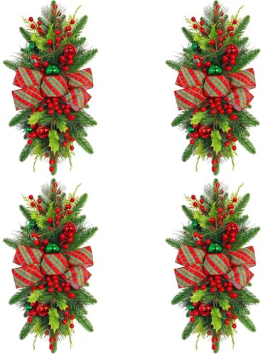 4PCS Weihnachtsgirlande,treppen Girlande Weihnachten mit LED,Tannenzapfen Blumen Hängende Girlande mit Roten Beeren für Kamin Tür Treppe Fenster Balkon Girlande für Urlaubs dekor