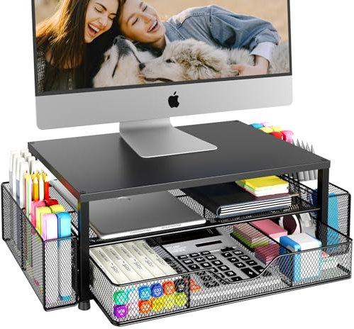 OPNICE Organiseur de bureau et accessoires, support pour moniteur d'ordinateur à 2 étages avec tiroir et 2 porte-stylos, accessoires de bureau pour fournitures de bureau, noir