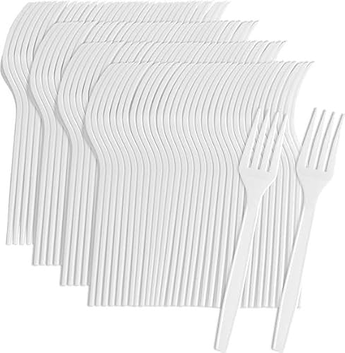 100 Pieces White Plastic Fork Strong Heavy Duty White Plastic Forks, Reusable and Washable Forks Perfect for Outdoor & Indoor Parties, Tableware and Dinnerware,Reusable Forks