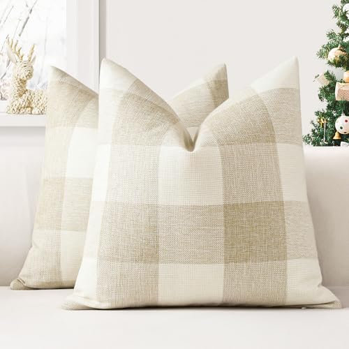 JOTOM 2er Set Buffalo Plaid Kissenbezüge, Dekorative Weich Plaid Wurf Kissenbezug Moderne Kissenhüllen Sofakissen Dekokissen Zierkissenbezug für Wohnzimmer Schlafzimmer Deko (45x45cm, Beige)