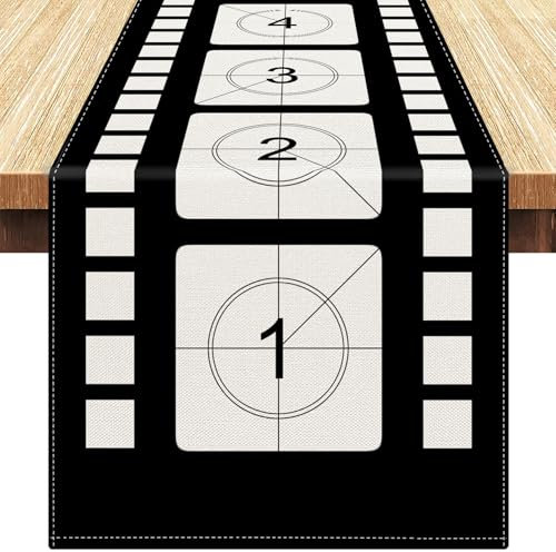 Tischläufer 40x140cm mit Neuartigem Filmabend-Themendesign, Schwarz Weiß Zahlen-Filmstreifen-Tischläufer, Tischdecke mit Filmthema, Dekoration für Die Küche, Filmparty
