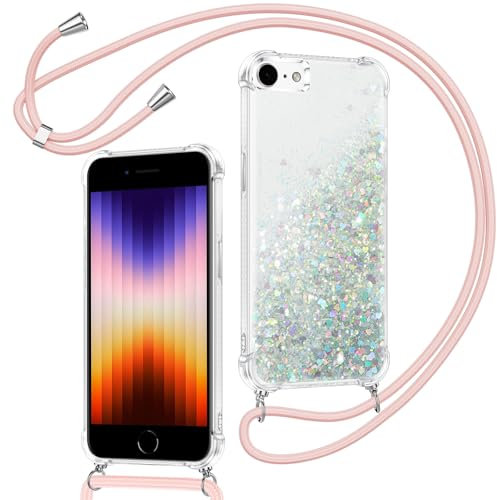 Xiltlly handyband für iPhone 8/iPhone SE 2020/iPhone 7/SE 2022 Hülle mit Band, Glitzer Flüssig Durchsichtig Silikon Handyhülle mit Kette Kordel zum Umhängen Stoßfest Kratzfest Schutzhülle, Silber